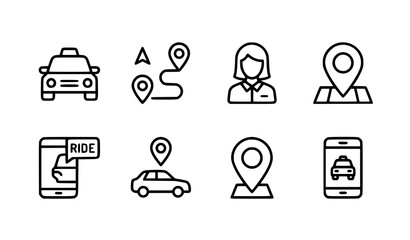 Modern ride sharing outline icon set transport navigation and taxi service vector isolated on white background © MdRakib