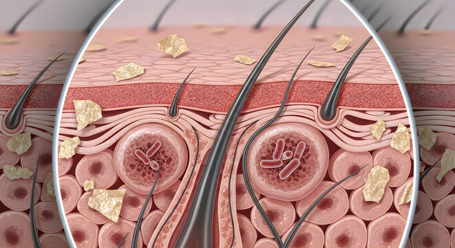 3d render of human skin layers with hair follicles and sebaceous glands, medical illustration, detailed dermis and epidermis structure