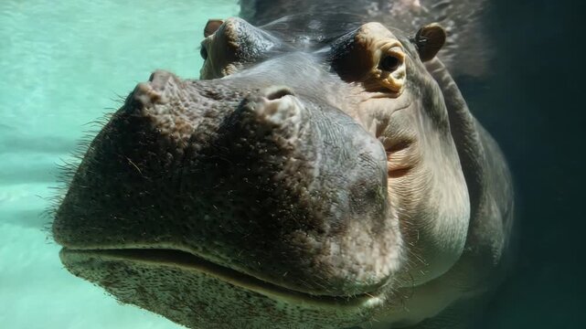Hippopotamus close-up swimming in clear water, aquatic animal portrait in natural habitat