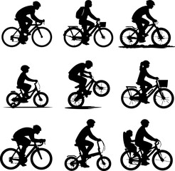 Obraz premium Set of black silhouette illustrations of people riding bicycles in various poses