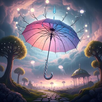 Whimsical surreal dreamcore landscape featuring a vibrant multi colored umbrella suspended in a cloudy twilight sky adorned with glowing lights and delicate branches overlooking