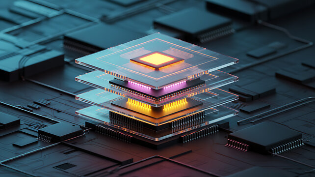 Close-up of a layered microchip with glowing orange squares on a dark circuit board