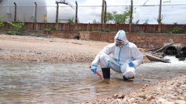 Scientists wearing PE chemical protective suits stand on drainage pipes to collect water samples and debris, including dead fish, to check water quality after wastewater treatment and chemical polluta