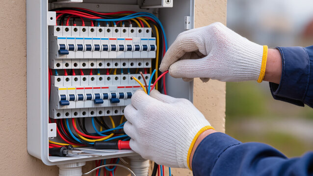 Electrician repairing outdoor electrical breaker panel.
Professional technician installing external power box.
Technician maintaining electrical system with tools.
Hands of electrician at work 
