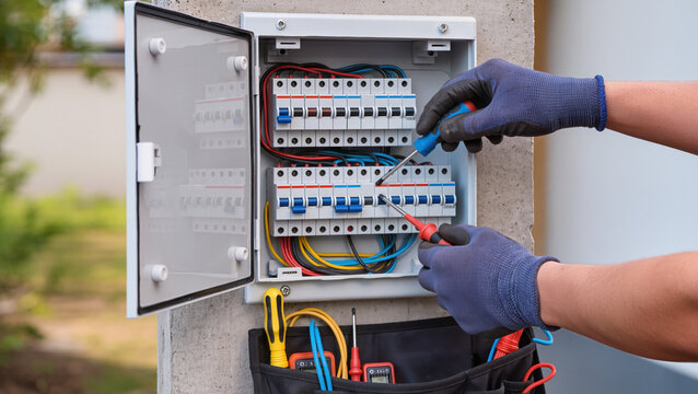 Electrician repairing outdoor electrical breaker panel.
Professional technician installing external power box.
Technician maintaining electrical system with tools.
Hands of electrician at work 