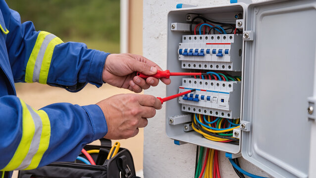 Electrician repairing outdoor electrical breaker panel.
Professional technician installing external power box.
Technician maintaining electrical system with tools.
Hands of electrician at work 