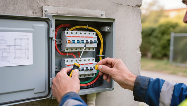 Electrician repairing outdoor electrical breaker panel.
Professional technician installing external power box.
Technician maintaining electrical system with tools.
Hands of electrician at work 