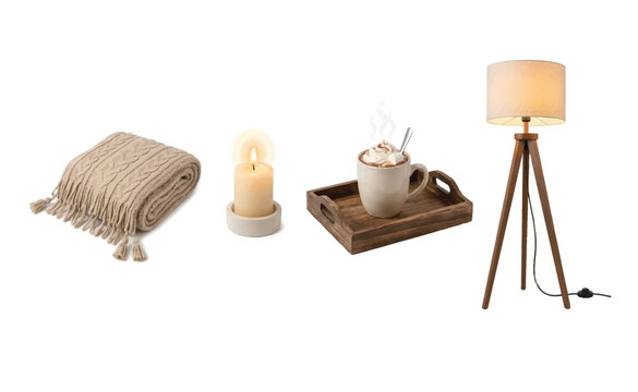 Cozy home interior elements featuring a warm blanket candle hot cocoa and a wooden floor lamp