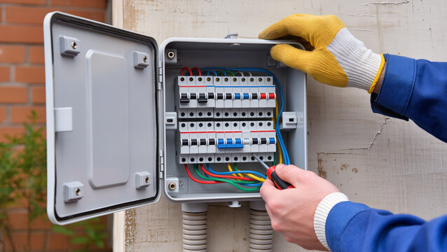 Electrician repairing outdoor electrical breaker panel.
Professional technician installing external power box.
Technician maintaining electrical system with tools.
Hands of electrician at work 