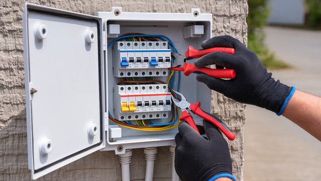 Electrician repairing outdoor electrical breaker panel.
Professional technician installing external power box.
Technician maintaining electrical system with tools.
Hands of electrician at work 