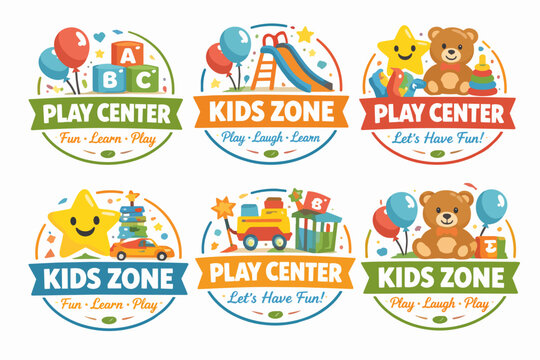 Kids zone and play center logos with toys, games, and learning fun concepts