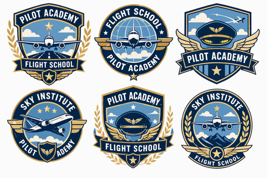 Pilot and flight school emblem collection with airplanes, wings, and captain hats