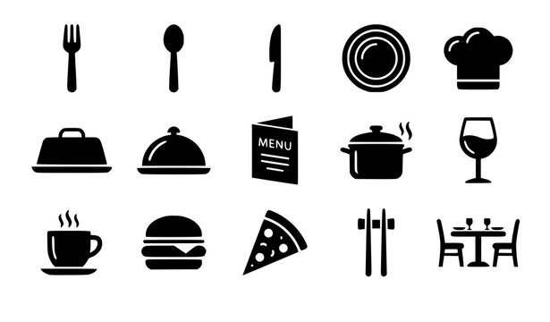 Restaurant food solid icon set with fork spoon knife plate chef hat and dining symbols vector collection
