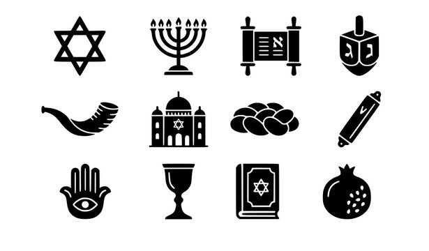 Judaism religion solid icon set with Jewish symbols menorah Torah and Star of David vector collection