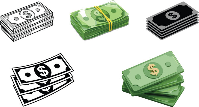 Collection of five money stack illustrations featuring dollar bills in different artistic styles, colors, and financial concepts