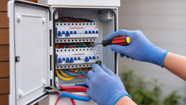 Electrician repairing outdoor electrical breaker panel.
Professional technician installing external power box.
Technician maintaining electrical system with tools.
Hands of electrician at work 