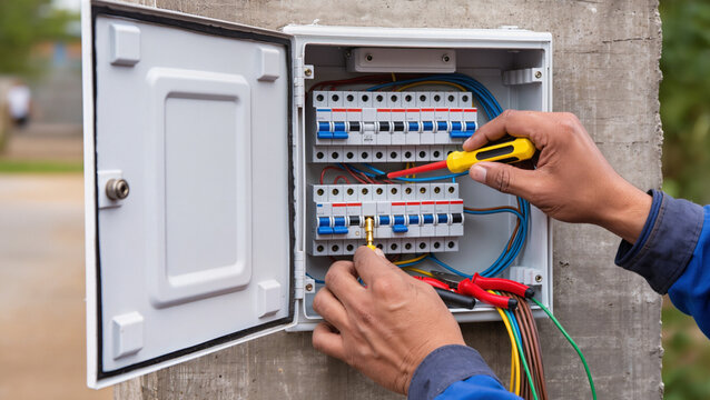 Electrician repairing outdoor electrical breaker panel.
Professional technician installing external power box.
Technician maintaining electrical system with tools.
Hands of electrician at work 