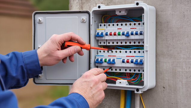 Electrician repairing outdoor electrical breaker panel.
Professional technician installing external power box.
Technician maintaining electrical system with tools.
Hands of electrician at work 
