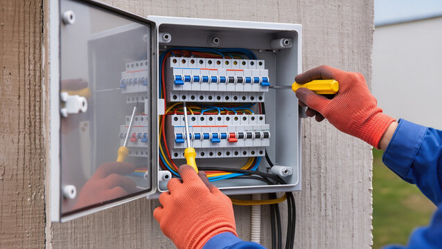 Electrician repairing outdoor electrical breaker panel.
Professional technician installing external power box.
Technician maintaining electrical system with tools.
Hands of electrician at work 