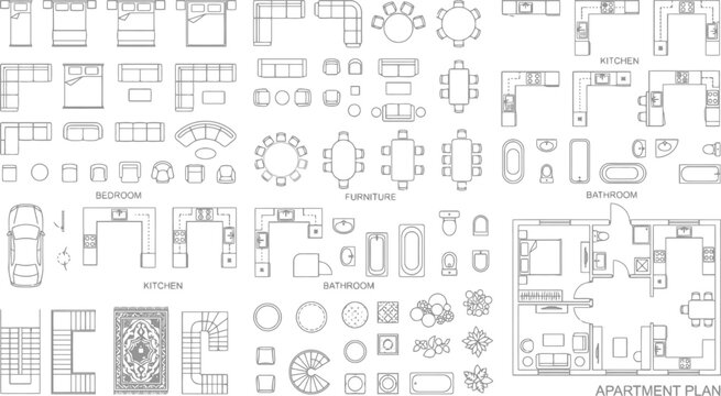Interior Floor Plan Furniture Symbols and Apartment Layout Vector Set for Architectural Blueprints, Real Estate Marketing & Home Design (EPS)