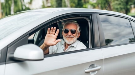 Naklejka premium Senior man smiling and waving from a silver car, driving with confidence, enjoying active lifestyle and independent mobility in retirement