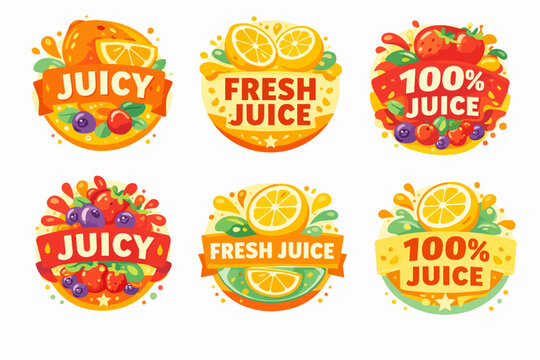 Juicy and fresh fruit juice labels collection with berries and citrus splash