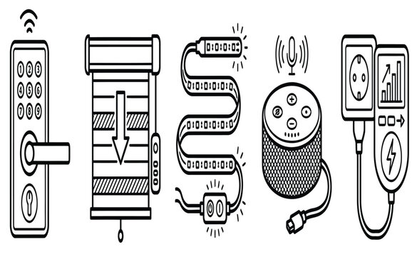 Set of black and white line art icons representing various modern smart home technology device components
