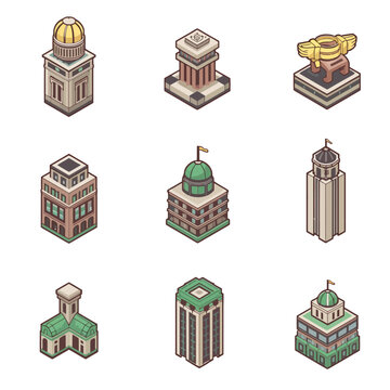 Collection of various cartoon buildings and towers in different styles