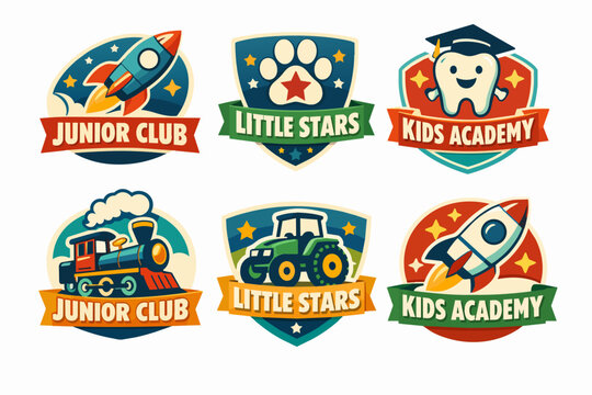 Collection of various junior club and kids academy logos featuring playful elements