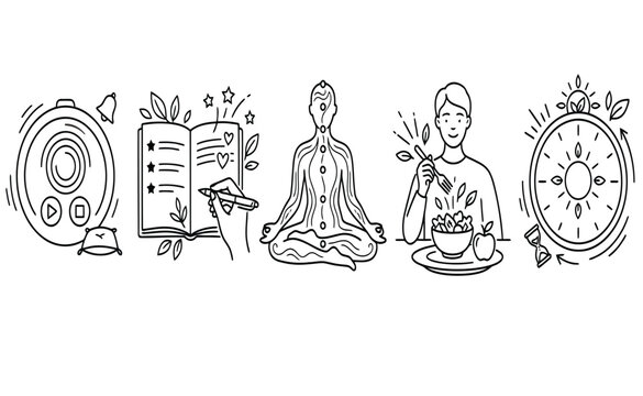 Linear icons representing daily healthy habits including meditation nutrition planning time management and mindful living routines