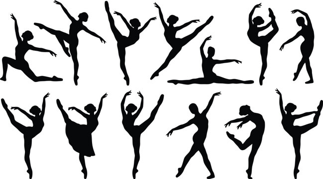 Graceful Ballet Dancer Silhouettes Performing Artistic Poses Vector Set for Dance Studio Branding, Theater Posters & Performance Programs (EPS)