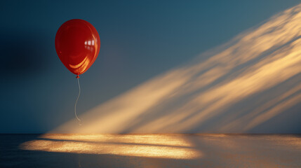 Fototapeta premium Red Balloon in Sunlight: A solitary red balloon floats gracefully, its vibrant hue contrasting with the serene play of light and shadow, capturing a moment of simple joy and freedom.