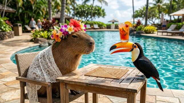 Capybara wearing a floral crown and lace shawl sitting at a poolside table with a toucan