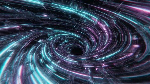 Neon energy vortex with swirling cyan and magenta light trails in futuristic digital style on dark background, concept of motion and cyberspace