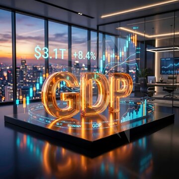 Futuristic GDP financial concept with glowing holographic charts and data