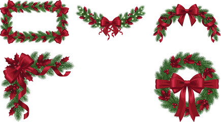 Christmas pine wreath and holly berry garlands set with festive red ribbon bows for holiday invitation vector illustration © mstLilima