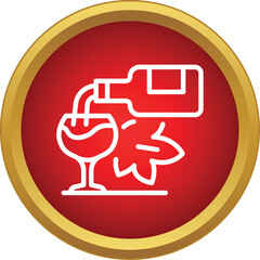 Obraz premium Wine bottle pouring beverage into a glass with grape leaf on a red and gold circle