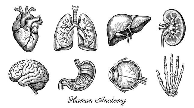 Vintage Engraved Human Anatomy Vector Illustration Set featuring Heart, Brain, Lungs, Stomach, Liver, Kidney, Eye, and Hand Bones