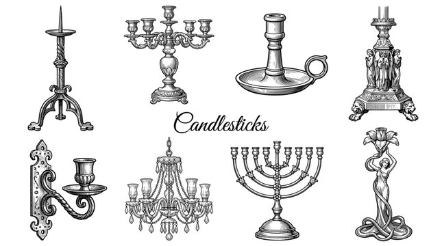 Vintage Candlestick and Candelabra Collection in Hand Drawn Engraving Style, Antique Chandelier, Menorah, and Wall Sconce Vector Illustration