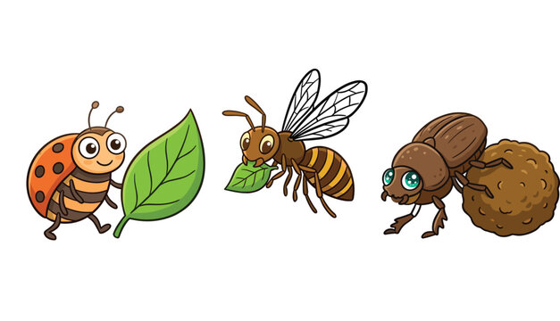 Cute Cartoon Insects Vector Illustration Set Featuring Ladybug with Leaf Wasp and Dung Beetle Isolated on White Background for Kids Education and Nature Designs