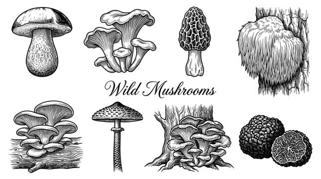 Vintage Hand Drawn Wild Mushrooms Illustration Set with Porcini, Chanterelle, Morel, Lion's Mane, Oyster Mushroom, Parasol Mushroom, and Truffle in Detailed Engraving Style