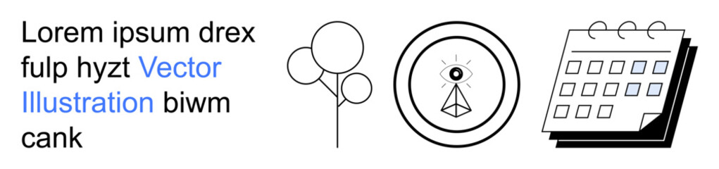 Obraz premium Event planning, abstract art, minimalistic design, time management, creativity, organization. Black and white balloons, geometric eye figure stacked calendar. Event planning and abstract art