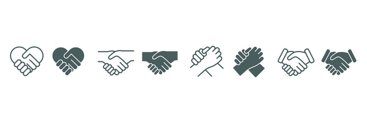 Obraz premium Handshake icon set. Business agreement handshake symbol. Friendly, partnership deal handshake line and silhouette sign. Transparent png and vector illustration.