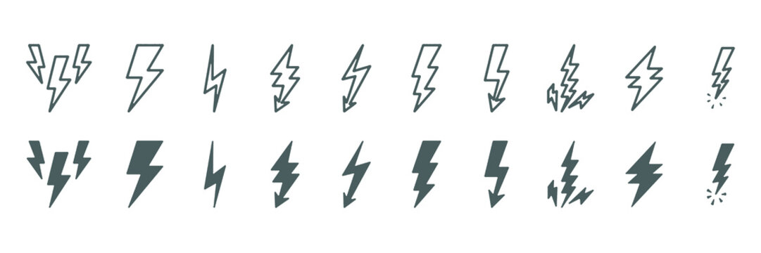 Lightning bolt icon set. Thunderbolt symbol. Electric power energy logo. Flash light sign. Vector illustration.