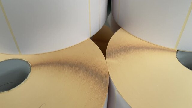 Large industrial rolls of blank stickers and label stock ready for commercial printing process. Packaging and logistics supplies stored in production facility.