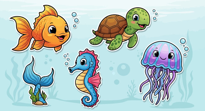 Cartoon sea creatures in water.