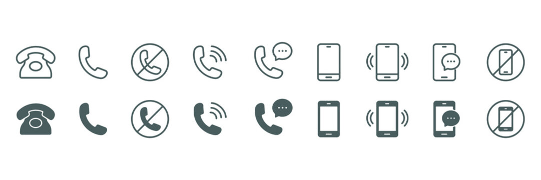 Phone icon set. Contact us symbol. Telephone call sign. Cell phone, ringing phone pictogram isolated on white background. Vector illustration.