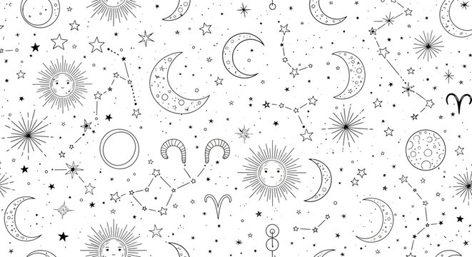 Black and white celestial doodle symbols.