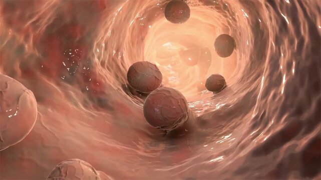 Colonic polyps on the inner wall of the large intestine, 3D animation showing a slow endoluminal camera movement along the mucosal surface, highlighting multiple protruding lesions.