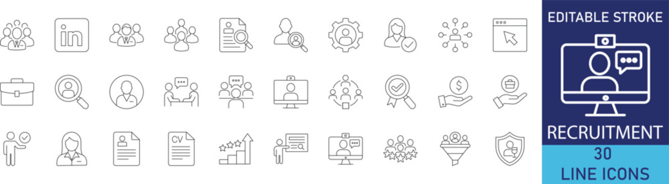 Recruitment and human resources (HR) line icon set. Vector symbols for job hiring, employee search, career interview, and corporate talent selection.